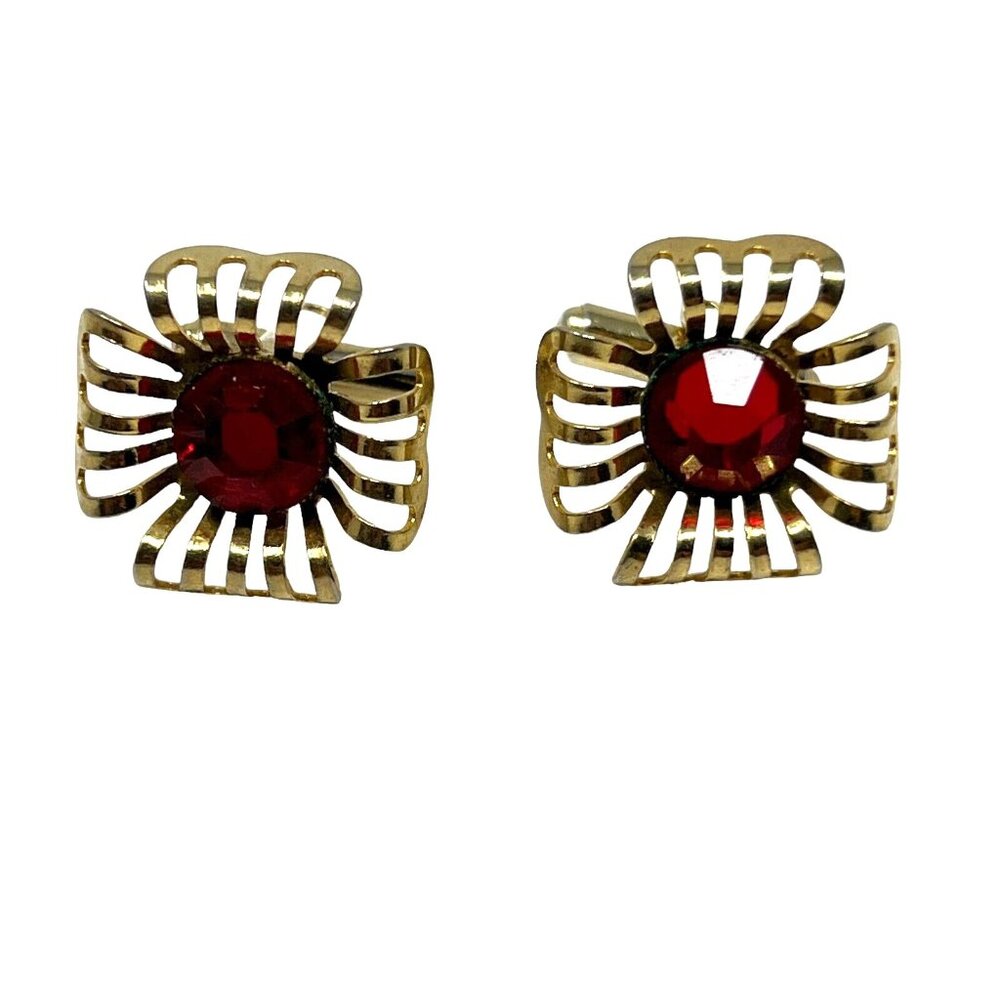 Vintage Mens Cuff Links Red Acrylic Stone Gold Tone